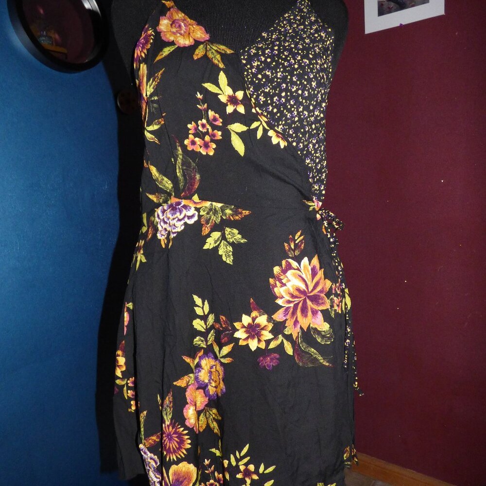 GOTH BOHO BLACK MULTI FLORAL MINI SKATER WRAP DRESS XL